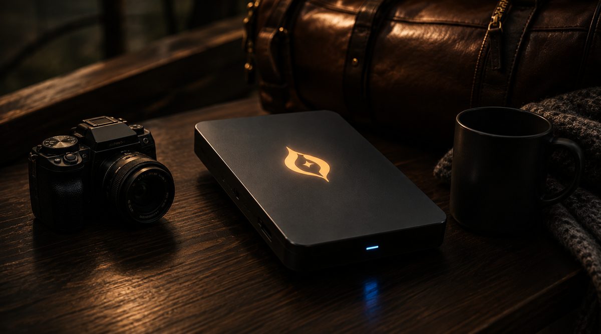Original Bestiek Companion Drive concept on a wooden table beside a camera and travel bag